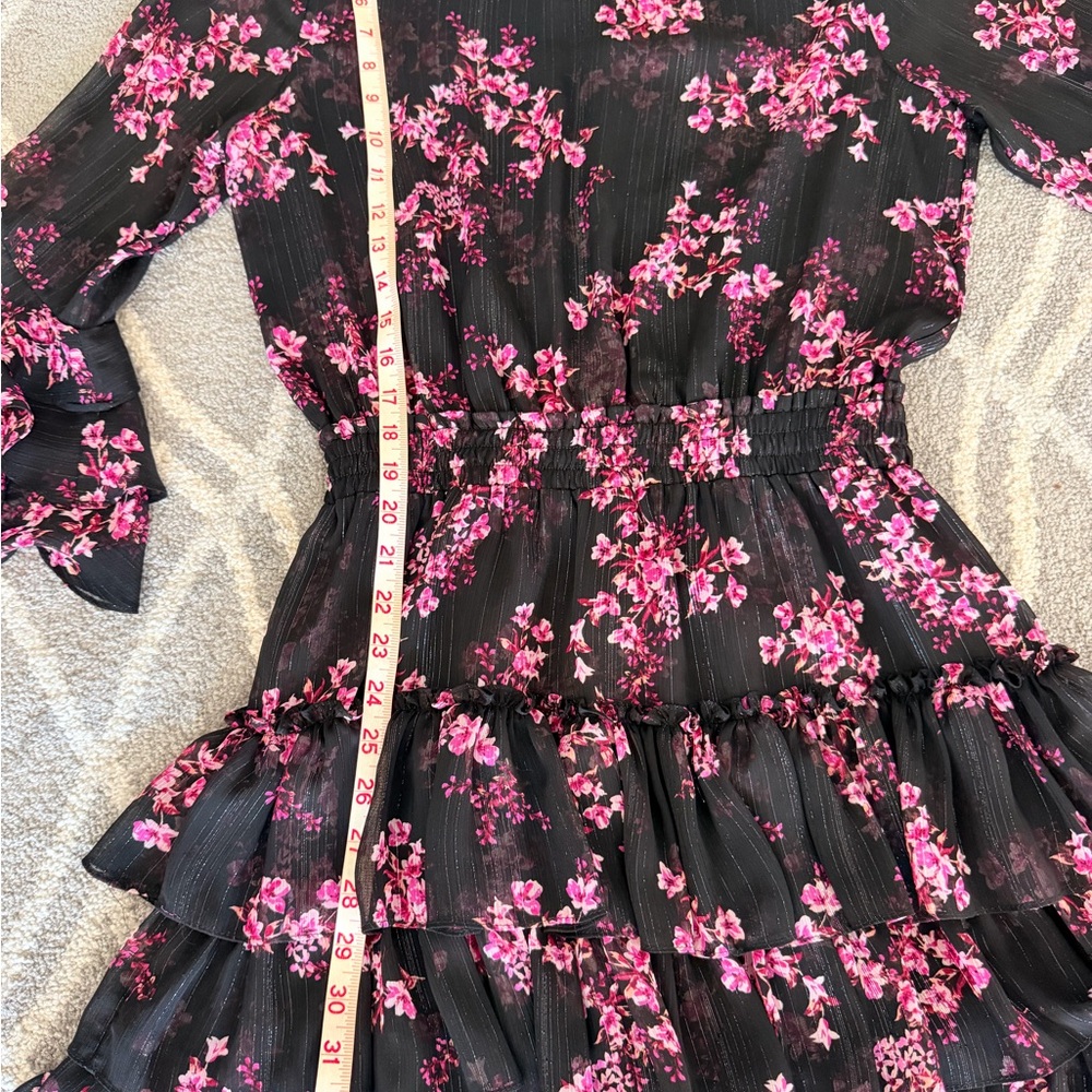 Misa Los Angeles Black Mini Dress with Pink Floral Print